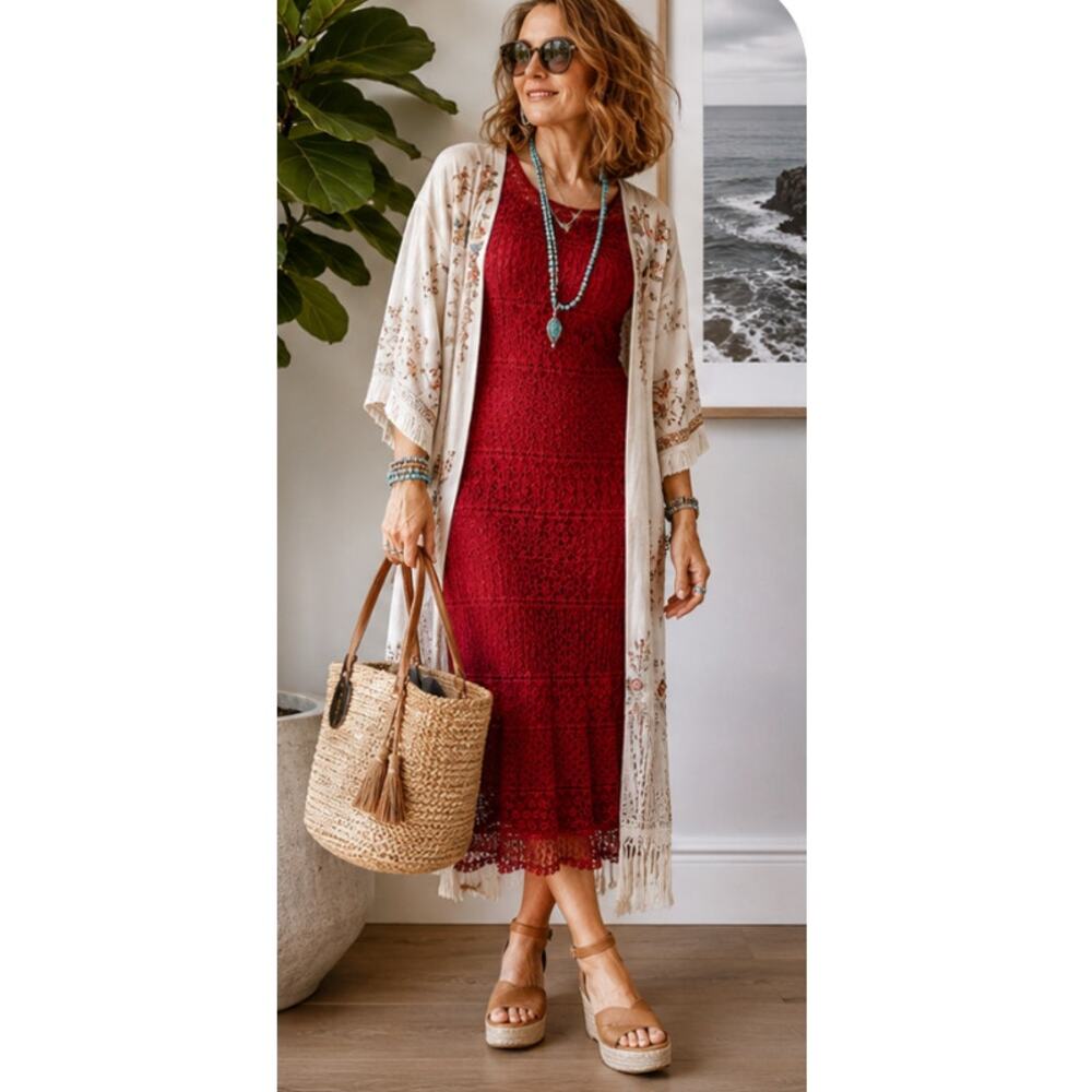 Womens Y2K Dress red Crochet Size Small Midi Fit Holiday Party Vibe